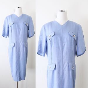 Vintage 1980s Louis Feraud US 12 Woven Sheath Dress Blue Button Front